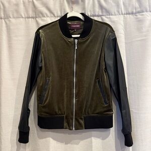 Black vegan leather and green velvet bomber jacket women’s size M